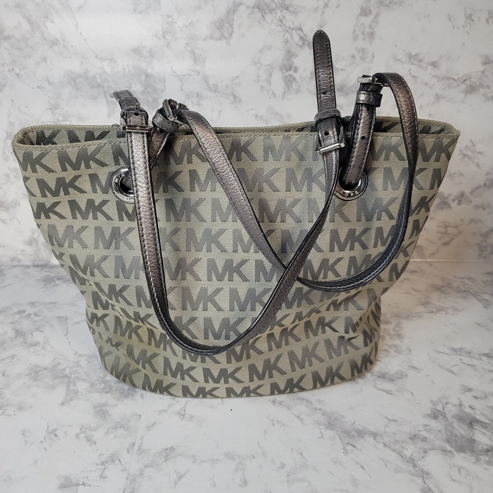Michael Kors MK Monogram Canvas Tote‎ Bag Grey Metallic Pewter Trim Shoulder Bag